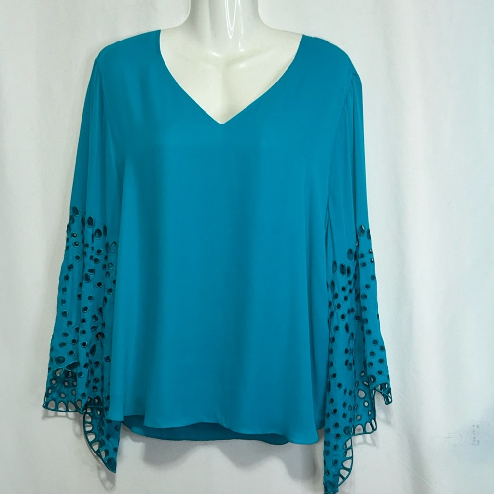Chico's Asymmetrical Blue Bell Sleeve Top
